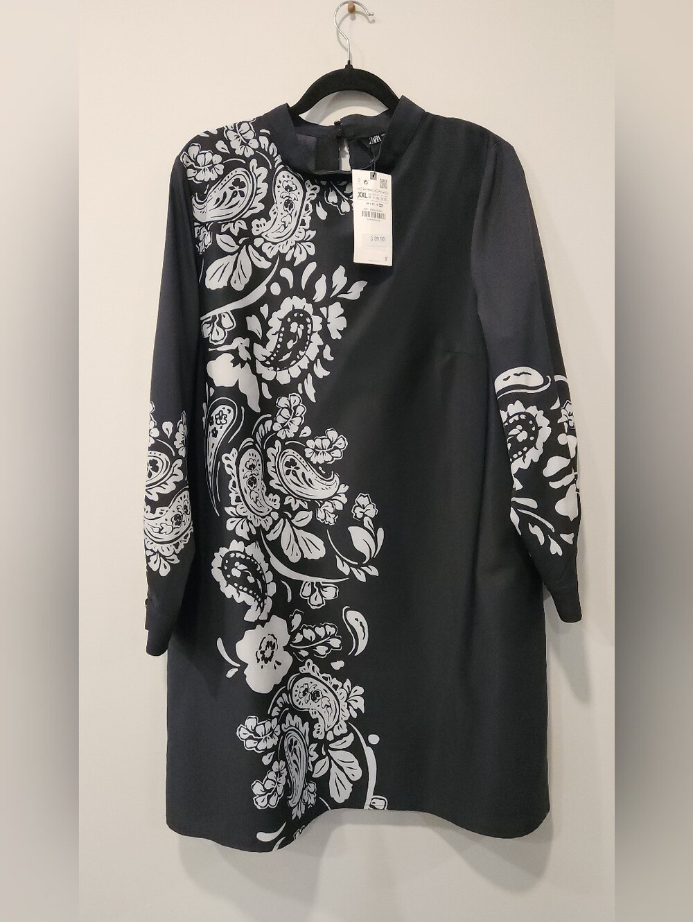 Zara Black Dress with White Paisley Print - Long Sleeve Sz XXL